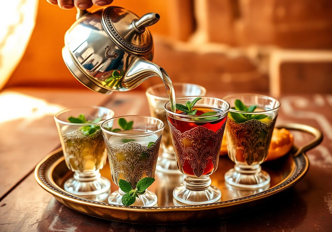 Traditional Moroccan mint tea poured into ornate glasses